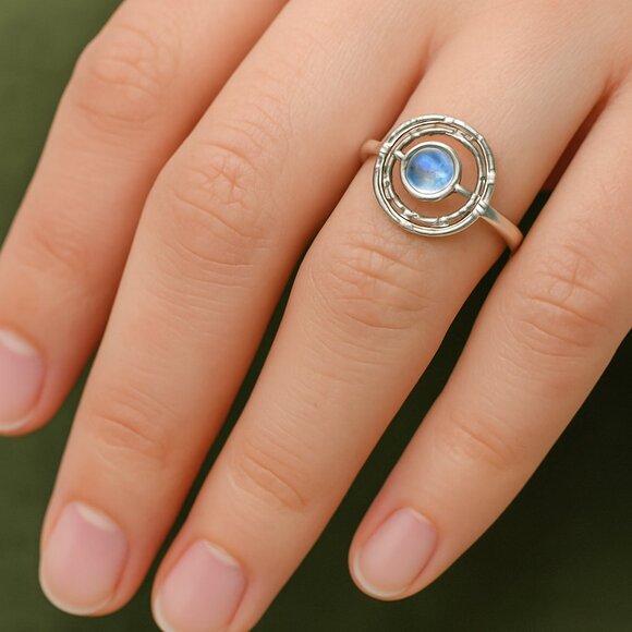 Sterling Silver Orbit Halo Ring, 925 Stamped, Blue Cabochon (Moonstone-like) - Picture 1 of 6